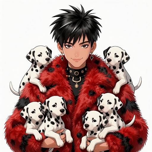 Woman in Red Fur Coat with Dalmatian Puppies