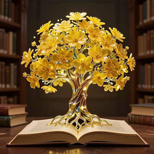 Glowing golden flower tree with intricate petals and twisted trunk emerging from an open book, set in a dimly lit library.