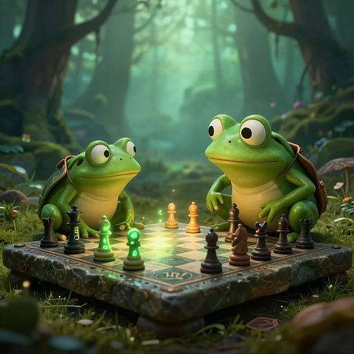 Photorealistic CGI of two anthropomorphic green frogs with large eyes, sitting in a mystical forest, playing a glowing chess game on a mossy board