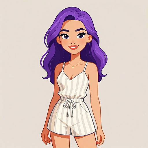 Digital anime-style drawing of a smiling young woman with long purple hair, wearing a white, striped, sleeveless romper against a plain white background.