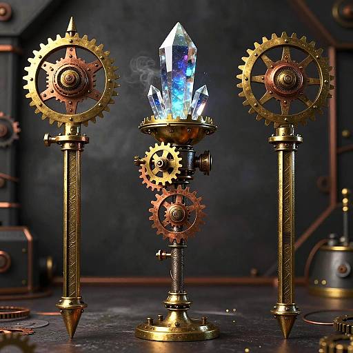 Photorealistic CGI of three ornate brass candlesticks with gears, holding a glowing blue crystal, set against a dark, steampunk-inspired background