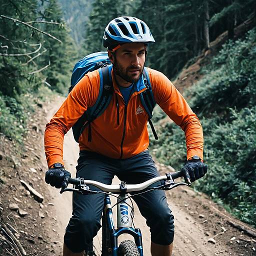 Mountain Biker in Blue and Orange Gear