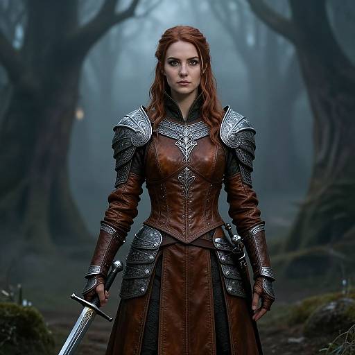 Photorealistic digital art of a fierce, red-haired woman in medieval armor and brown leather, holding a sword in a misty forest.