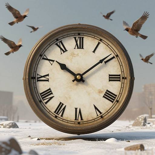 Photograph of a large, antique, Roman numeral clock face with black hands, suspended in mid-air over a snowy landscape, with flying birds in the