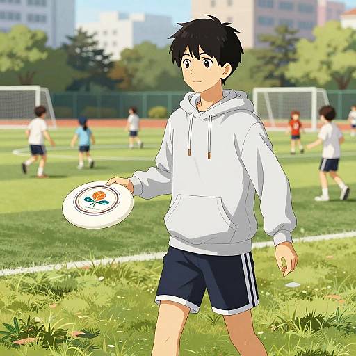 Manga Style Boy with Frisbee in Park