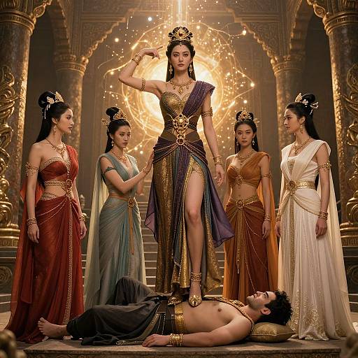 Photograph of six women in elaborate, gold-accented Indian attire with a crown, standing over a shirtless man lying on the floor in a