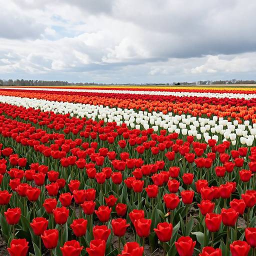 Vibrant photograph of a vast field of red and white tulips, stretching to the horizon under a cloudy sky.