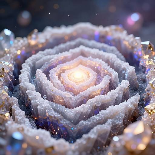 Close-up photograph of a glowing, snow-covered flower-like crystal formation with sparkling lights and colorful bokeh in the background.