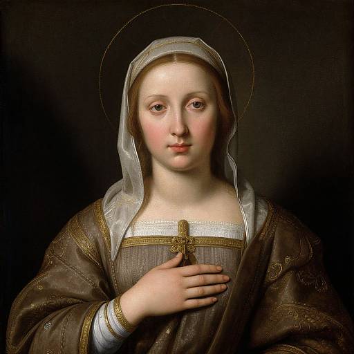 Photograph-style painting of a young, fair-skinned, blue-eyed woman with a halo, wearing a brown, embroidered dress and white veil, against