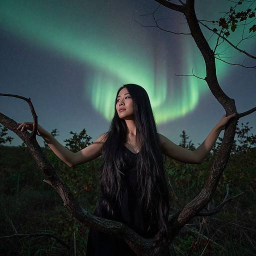 Photograph of an Asian woman with long black hair standing amidst tree branches, gazing at vibrant green Northern Lights in a dark, forested night sky