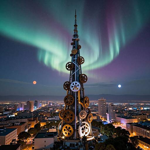 Photograph of a cityscape at night with a illuminated clock tower adorned with gears, under a vibrant aurora borealis, and two moons in the