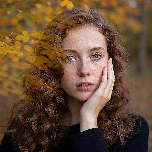 Portrait of Young Woman with Autumn Leaves Double Exposure
