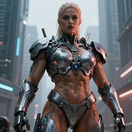 Fierce Muscle Girl in Cyberpunk Armor