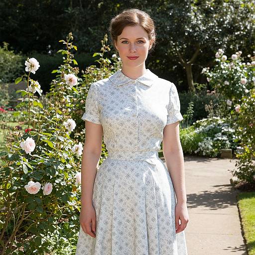 Photograph of a fair-skinned woman with brown hair in an elegant white floral dress, standing in a sunlit garden with blooming roses.