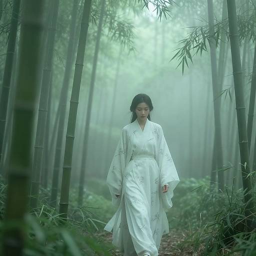 Photograph of an Asian woman in a white, floral-embroidered kimono walking through a misty bamboo forest, with tall bamboo stalks