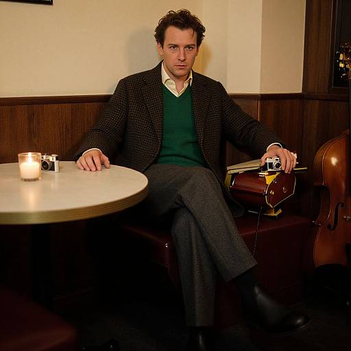 Photograph of a man with curly dark hair, wearing a black herringbone blazer, green sweater, and gray pants, sitting in a dim
