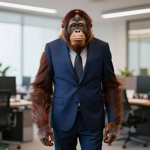 Photograph of an orangutan in a dark navy suit with a black tie, standing in a modern office with blurred desks and computers in the background.
