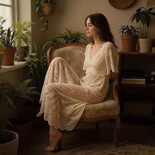 Photograph of a serene woman with long brown hair, wearing a cream lace dress, sitting in a vintage chair surrounded by potted plants in a warmly