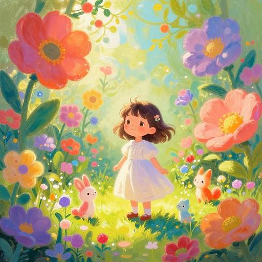 Whimsical digital painting of a young girl in a white dress, surrounded by colorful, large flowers and playful animals in a sunlit meadow.