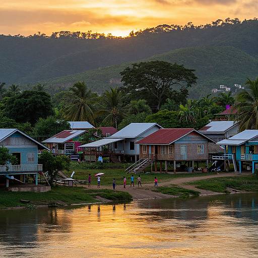 Photograph of colorful stilt houses by a river at sunset, with a group of people walking, reflecting in the water, and lush green hills in