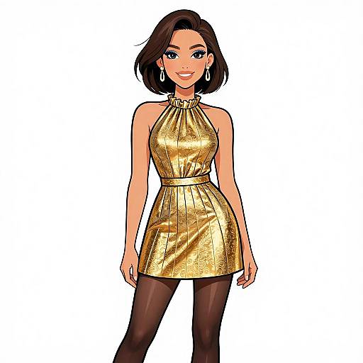 Digital illustration of a smiling woman with short brown hair, wearing a shiny gold halter dress, black tights, and large hoop earrings.
