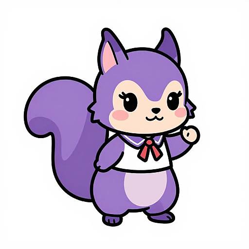 Cute, chibi-style purple squirrel with large eyes, pink cheeks, and a sailor outfit with red tie, standing against a white background. Digital