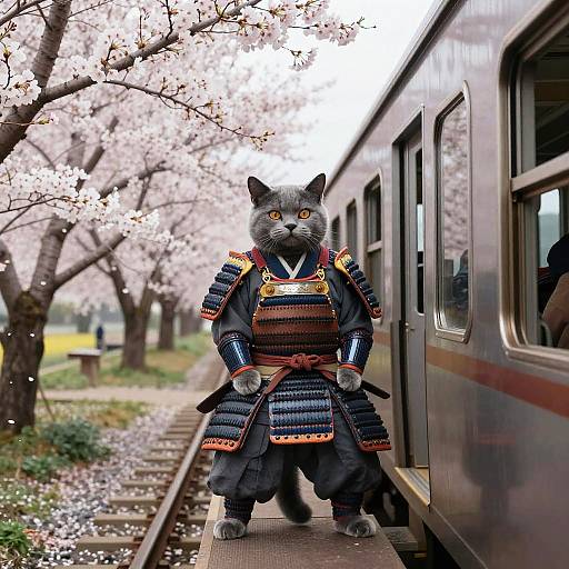 Samurai Cat Riding Train in Cherry Blossoms