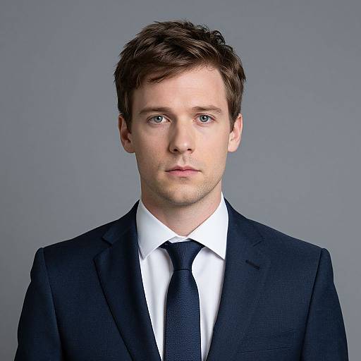 Photograph of a young Caucasian man with short brown hair, blue eyes, wearing a black suit, white shirt, and black tie, against a plain