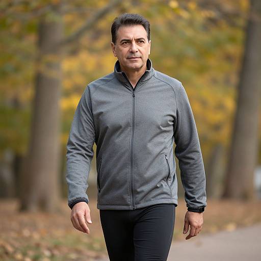 Photograph of a middle-aged man with short black hair, wearing a gray zip-up jacket and black pants, walking in an autumn forest with yellow and