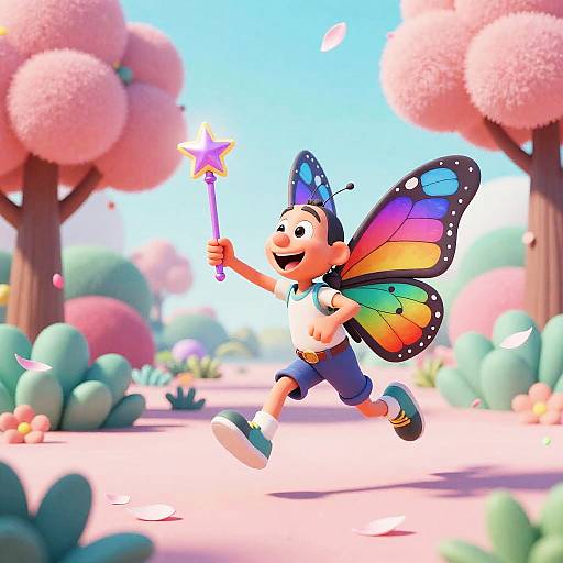 Cartoon fairy boy with colorful butterfly wings, holding a star-topped wand, joyfully runs through a vibrant, pink-treed garden.