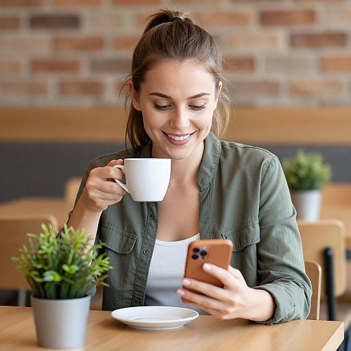 Photograph of a smiling young woman with brown hair in a ponytail, wearing a green jacket, holding a white cup, and texting on an orange