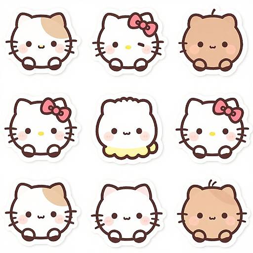 Cartoon-style digital drawing of nine adorable, chibi-style Hello Kitty-like cats, each with small black eyes and pink bows, arranged in a 