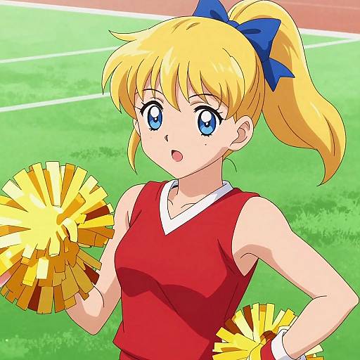 Anime-style digital drawing of a blonde cheerleader with blue eyes, wearing a red top and blue bow, holding yellow pom-poms, standing on a