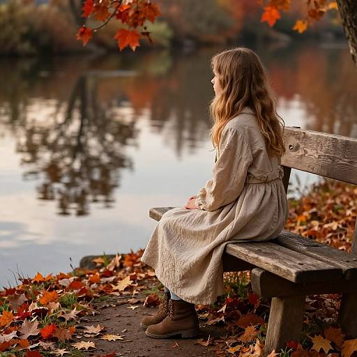 Photograph of a young girl with long, wavy brown hair, wearing a beige dress and brown boots, sitting on a wooden bench by a serene
