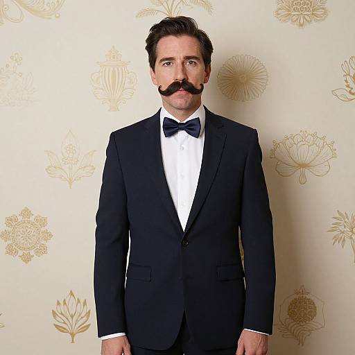 Photograph of a man with a thick mustache, wearing a black tuxedo, white shirt, and black bow tie, standing against a beige