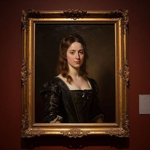 Classical portrait painting of a young woman with fair skin and dark brown hair, wearing a black, lace-trimmed dress, in an ornate