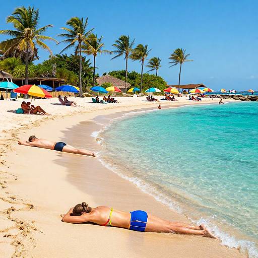 Photograph of a sunny tropical beach with clear turquoise water, palm trees, colorful umbrellas, and two people sunbathing on the sand.
