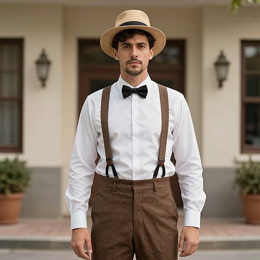 Photograph of a handsome man with light brown skin, dark hair, and trimmed beard, wearing a straw hat, white shirt, black bow tie,