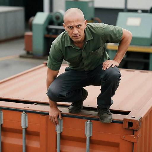 Intense Bald Man on Cargo Container