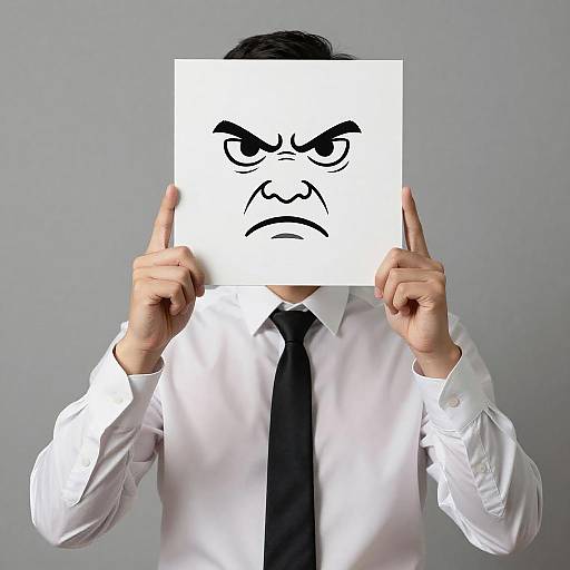 Stern Man with Sign Against Gray Backdrop