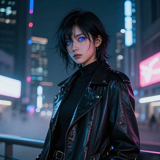 Cyberpunk night scene photograph: Asian woman with black hair, glowing blue eyes, wearing a black leather jacket, standing in a neon-lit city