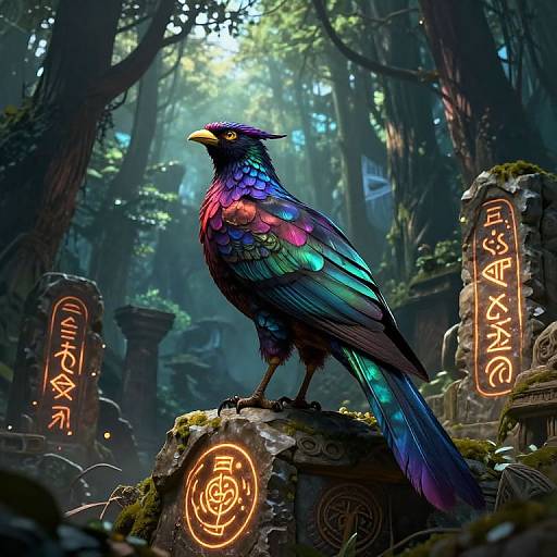 Digital fantasy artwork of a vibrant, multi-colored bird with iridescent feathers perched on a mossy stone in a mystical forest, surrounded by glowing