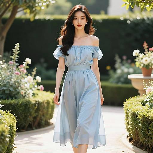Woman in Light Blue Off-Shoulder Dress in Garden