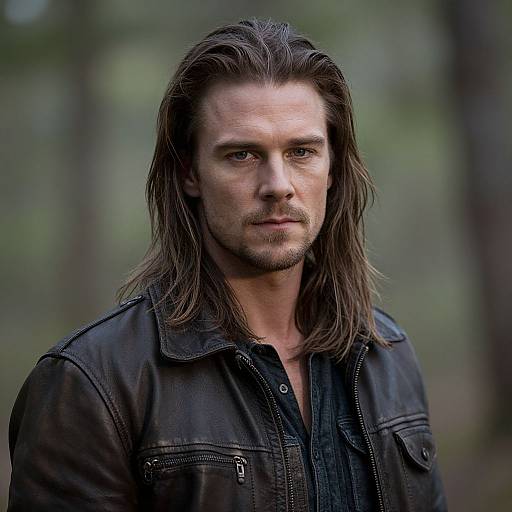 Photograph of a serious, middle-aged man with long brown hair, wearing a black leather jacket, standing in a blurred forest background.