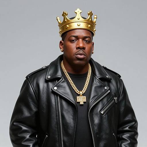Photograph of a dark-skinned man in a black leather jacket, gold chain, and gold crown, against a light blue gradient background, exuding