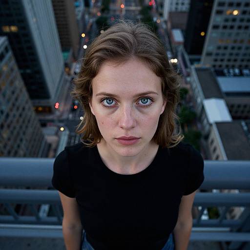Photograph of a young white woman with blue eyes, brown hair, and a black shirt, standing on a balcony overlooking a busy cityscape at dusk