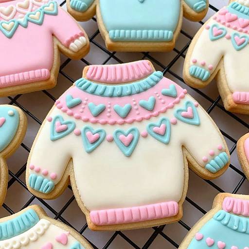 Photograph of decorated sugar cookies shaped like sweaters, adorned with pink, blue, and white icing hearts and cuffs, on a wire rack.