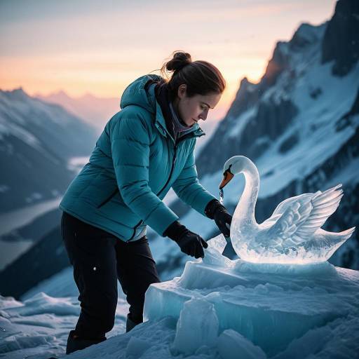 Woman Sculpting Ice Swan at Sunrise