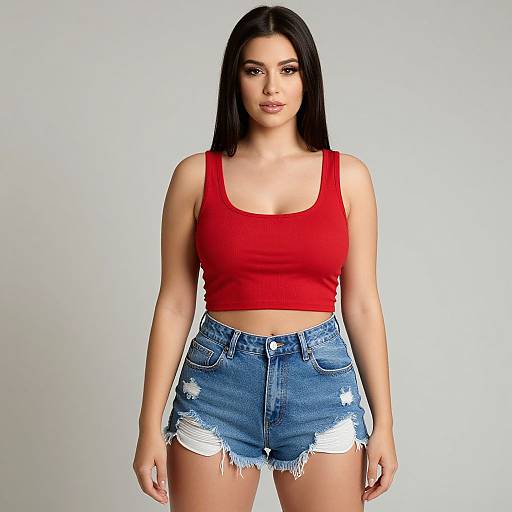Photograph of a young woman with long black hair, fair skin, wearing a red crop top and distressed blue denim shorts, standing against a plain white