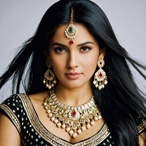 Indian Woman in Traditional Jewelry and Black Chaniya Choli